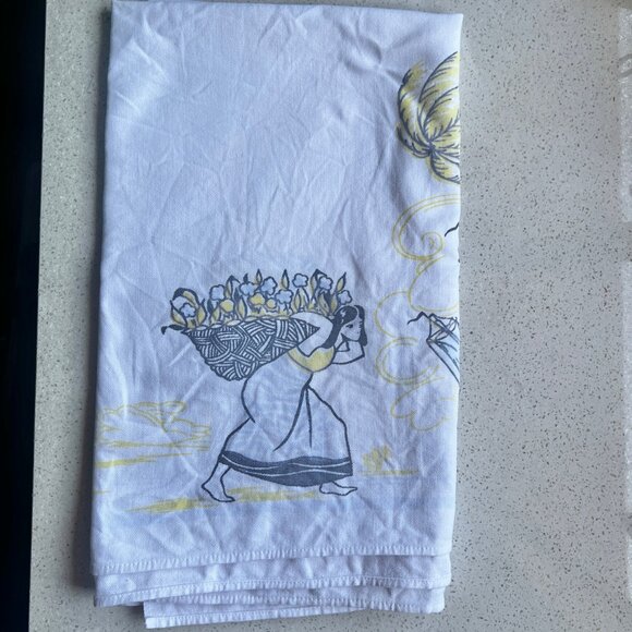 1950s Mexican Topper Tablecloth 30" X 31.5" Tropical Palm Trees Flower Vendor - Picture 2 of 9